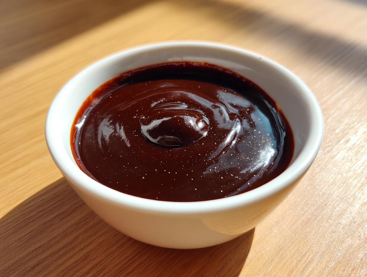 Close-up of a small white bowl filled with glossy, dark brown chocolate dip, glistening in the sunlight.