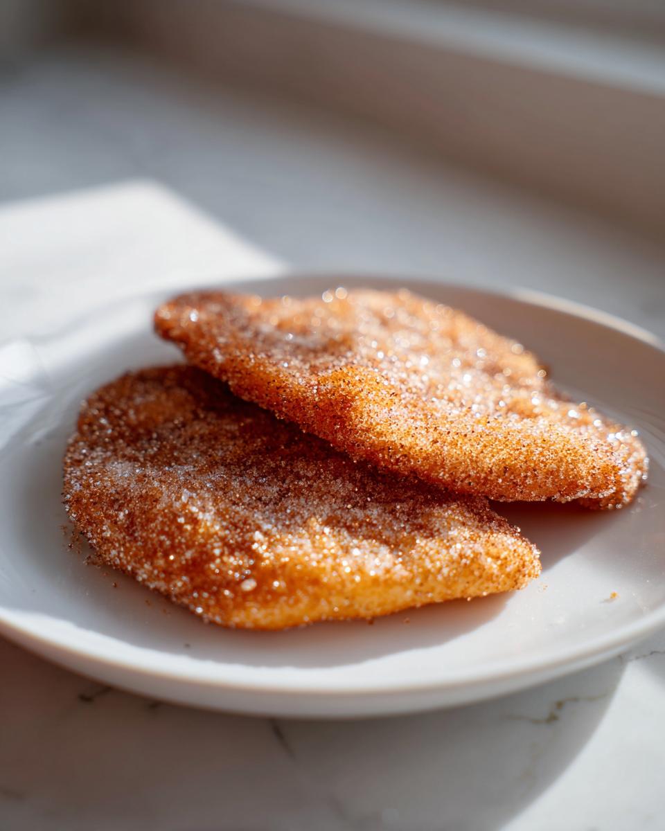 Two golden brown buñuelos heavily coated in sparkling cinnamon sugar resting on a white plate.