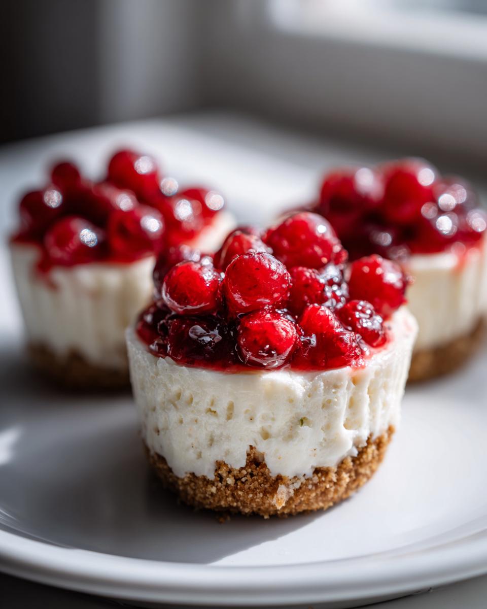 A close-up of a single, perfect 4-ingredient mini cheesecake topped generously with bright red, glossy cranberries.