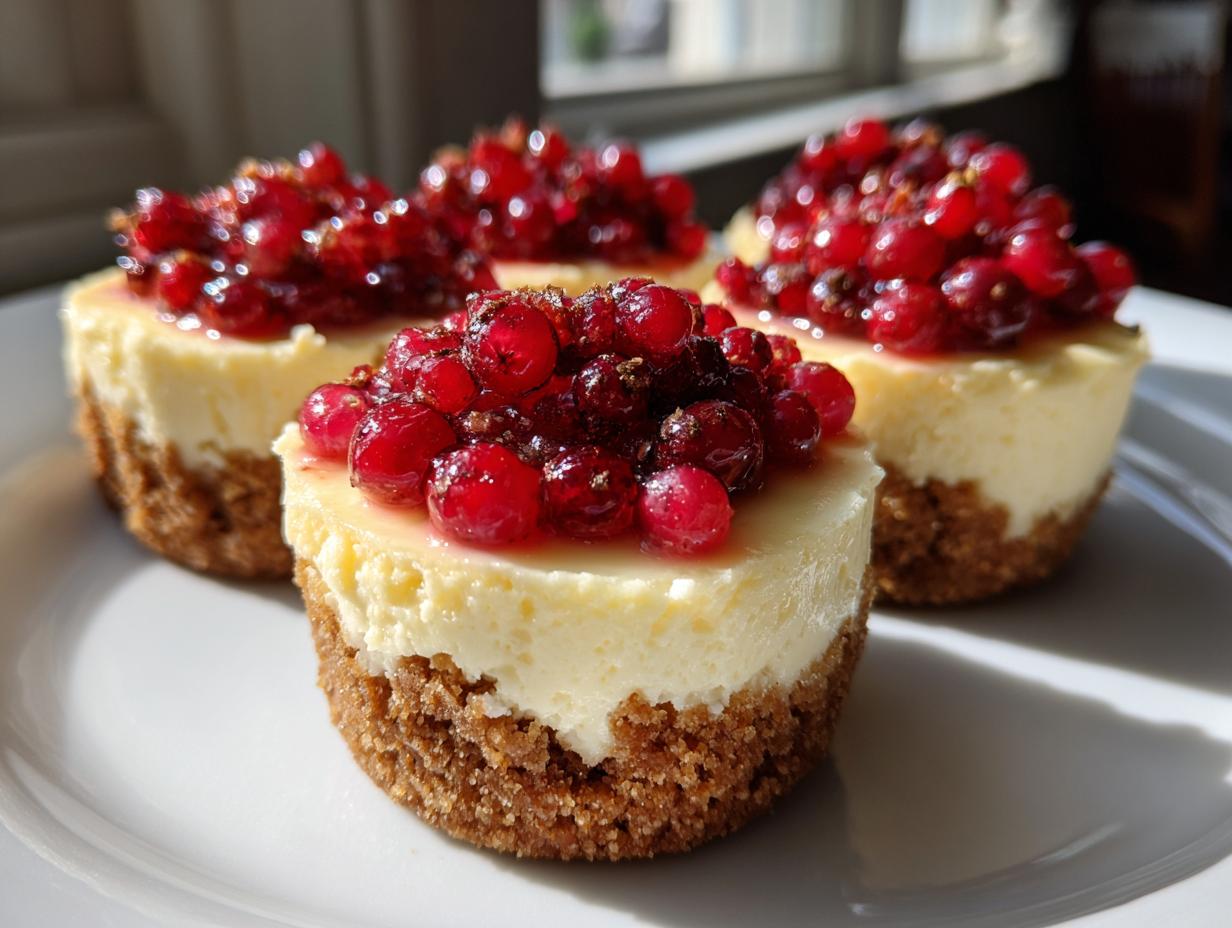 Close-up of three individual mini cheesecake desserts topped with bright red currants on a white plate.