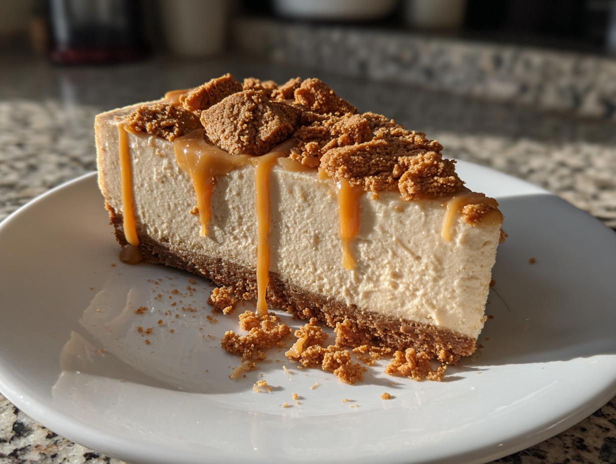A decadent slice of no-bake Biscoff cheesecake topped with caramel sauce and cookie crumbles.