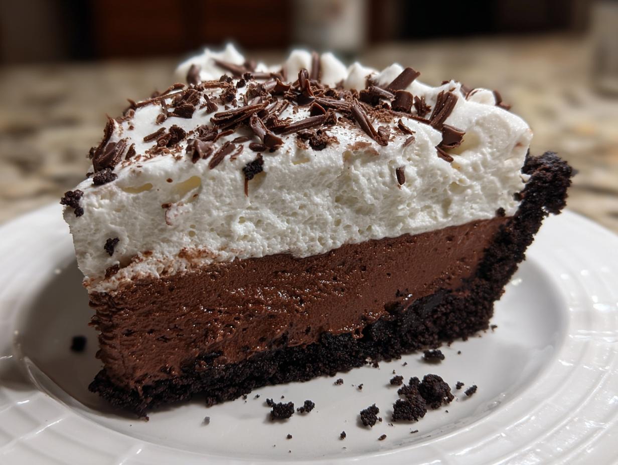 A thick slice of rich chocolate mud pie with a dark crust, chocolate mousse filling, whipped cream, and chocolate shavings.