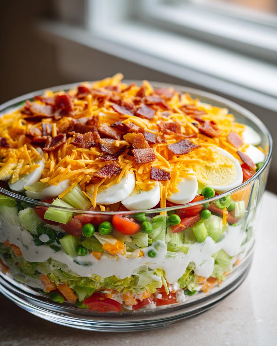 A clear glass bowl filled with a vibrant 7 layer salad, topped with shredded cheese, bacon, and hard-boiled eggs.