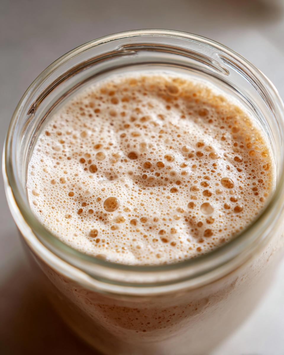Close-up overhead view of an active sourdough starter showing many small, light brown bubbles on the surface inside a glass jar.