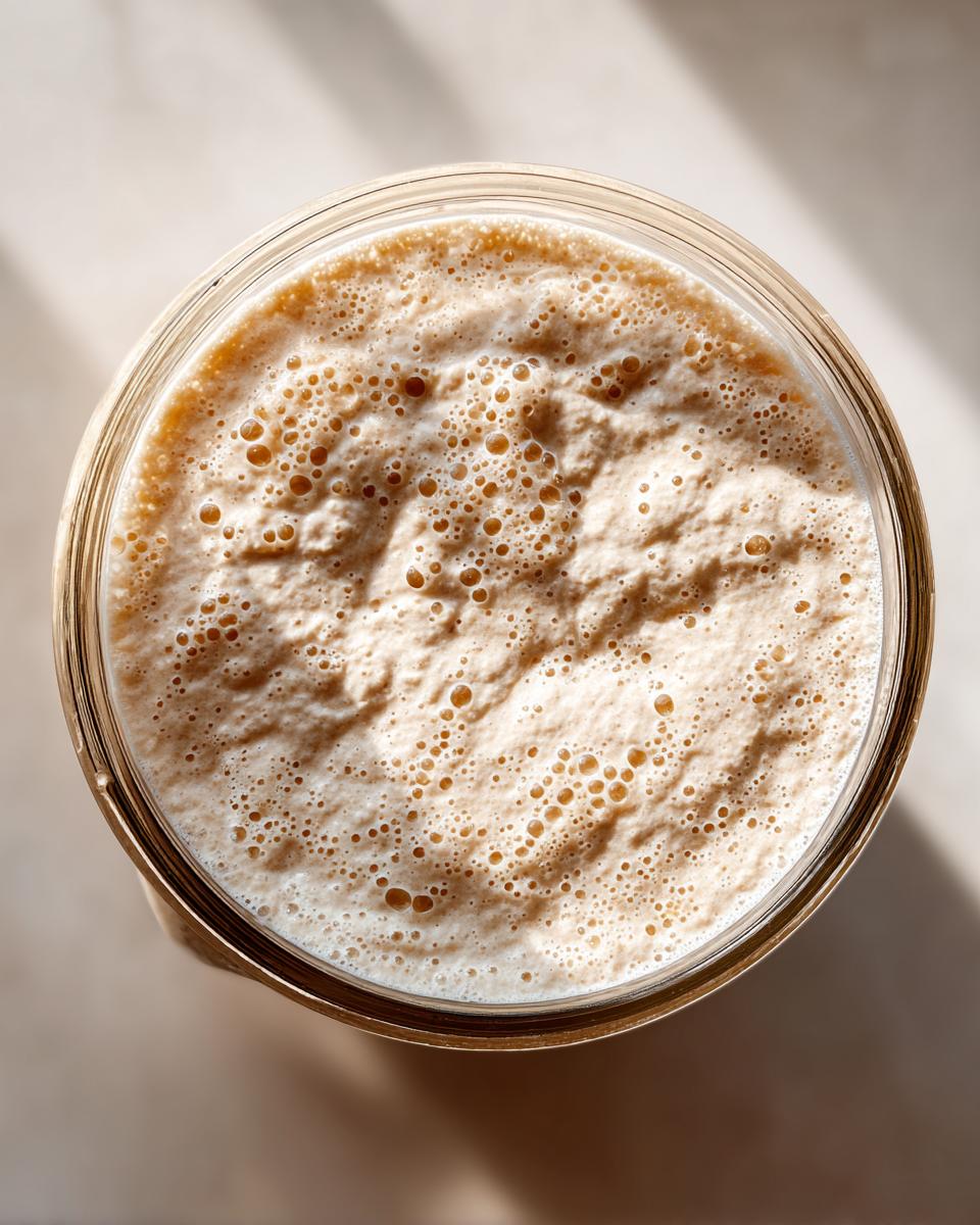 Overhead view of an active, bubbly sourdough starter filling a glass jar, showing peak activity.