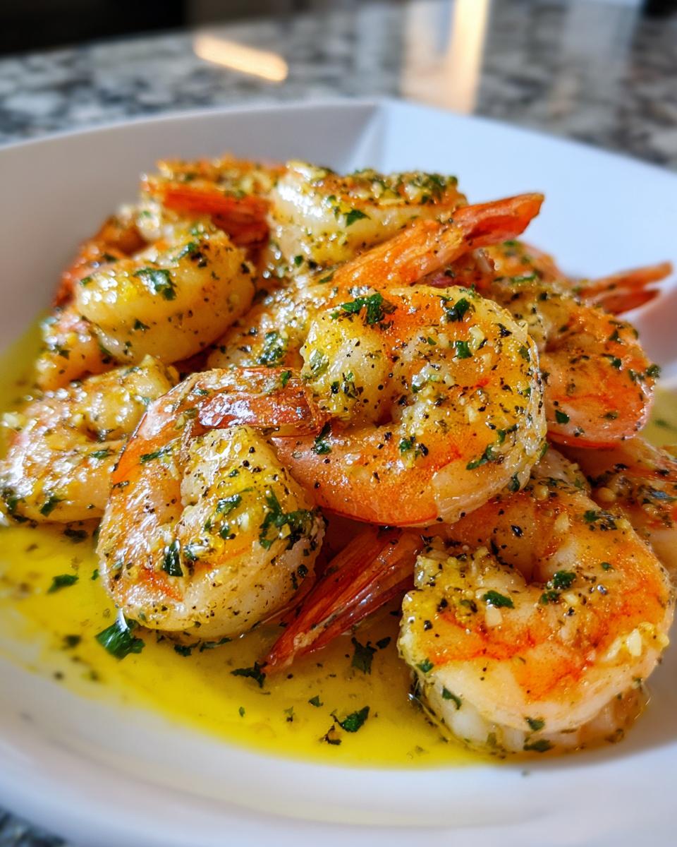 Close-up of juicy, perfectly cooked air fryer frozen shrimp tossed in garlic butter and parsley.