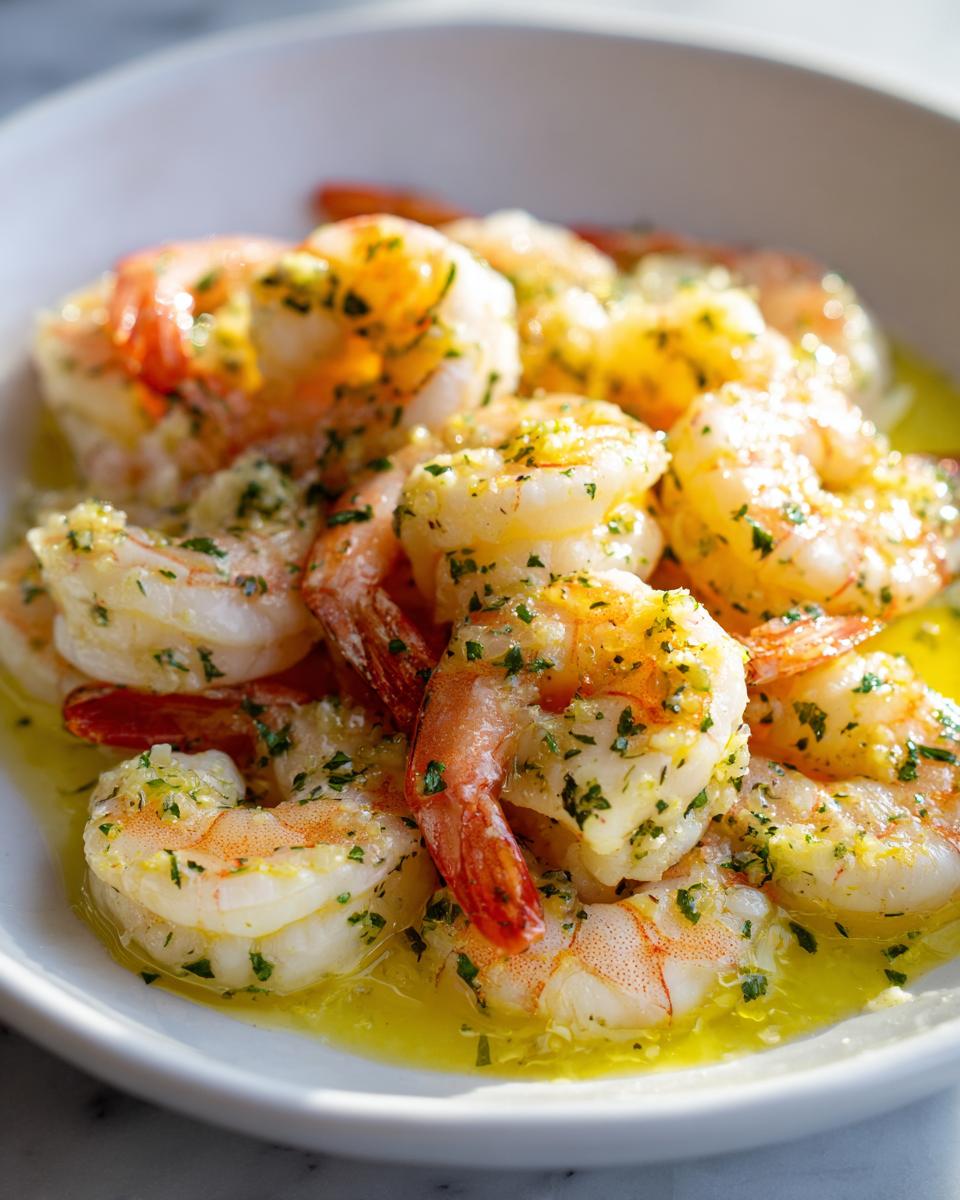 Close-up of juicy, cooked air fryer frozen shrimp tossed in melted garlic butter and fresh parsley.