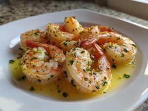 Close-up of juicy air fryer frozen shrimp coated in garlic, herbs, and butter sauce on a white plate.