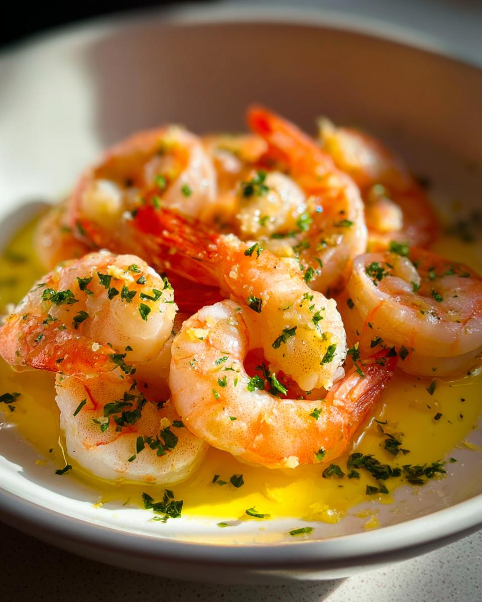 Close-up of juicy air fryer frozen shrimp tossed in melted butter and fresh parsley.