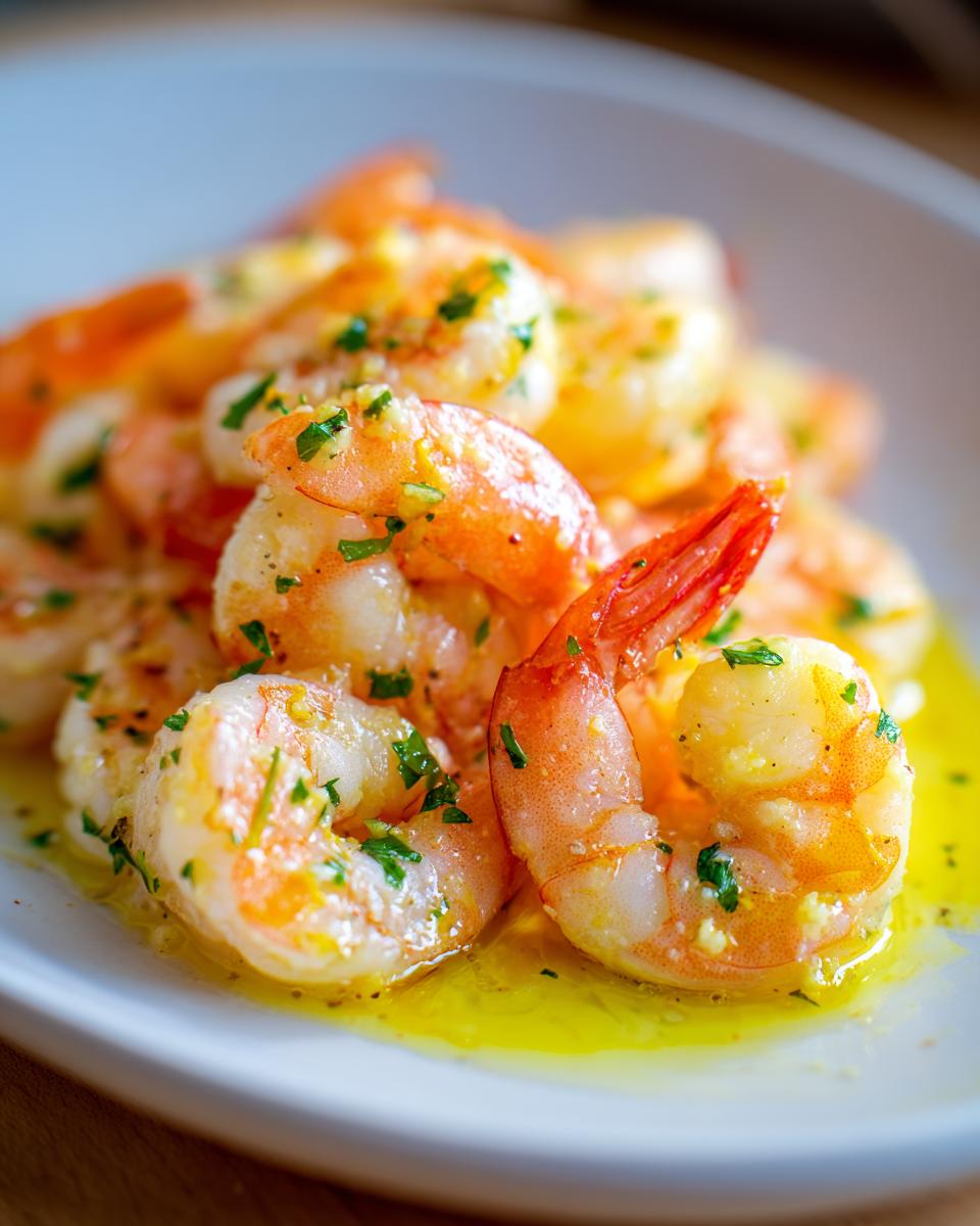 Close-up of juicy air fryer frozen shrimp coated in melted garlic butter and sprinkled with fresh parsley.