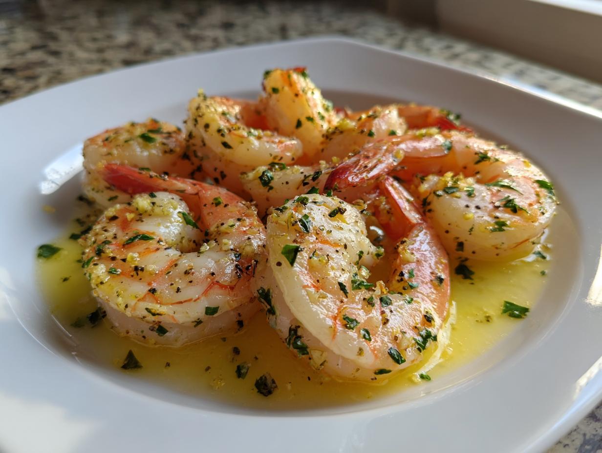 Close-up of juicy air fryer frozen shrimp coated in garlic, herbs, and butter sauce on a white plate.