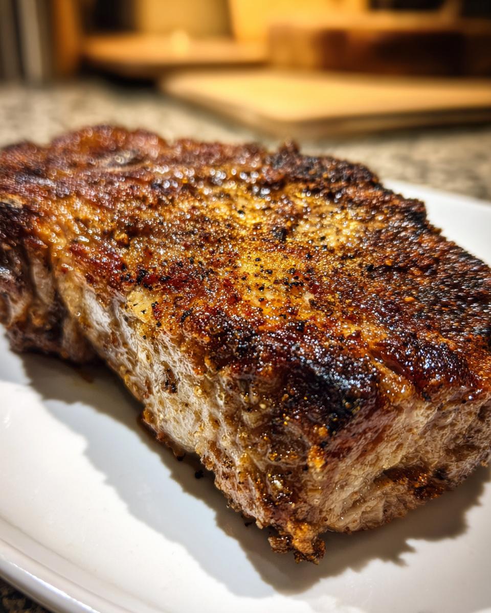 Close-up of a thick, juicy air fryer pork chop with a beautiful, dark brown, seasoned crust.