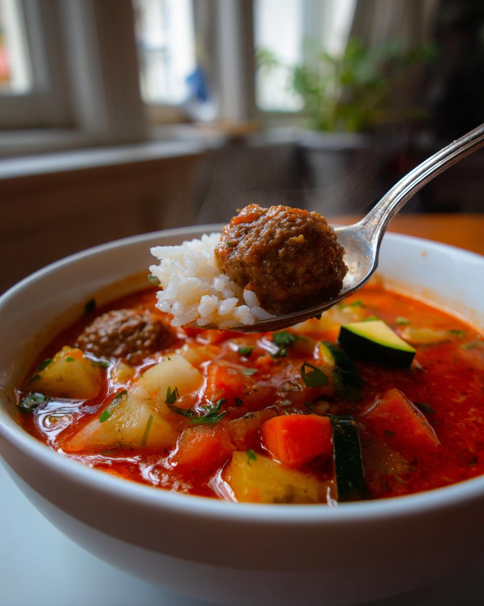 A spoonful of steaming albondigas soup showing a meatball served over white rice, lifted from a bowl of rich tomato broth with vegetables.