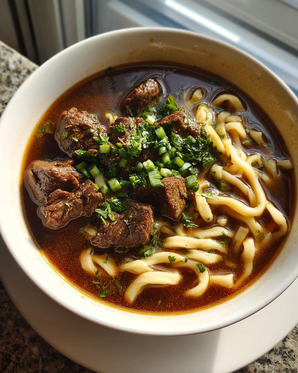 Close-up of a white bowl filled with rich, dark broth, thick noodles, tender chunks of beef, and topped with fresh green onions for beef noodle soup.