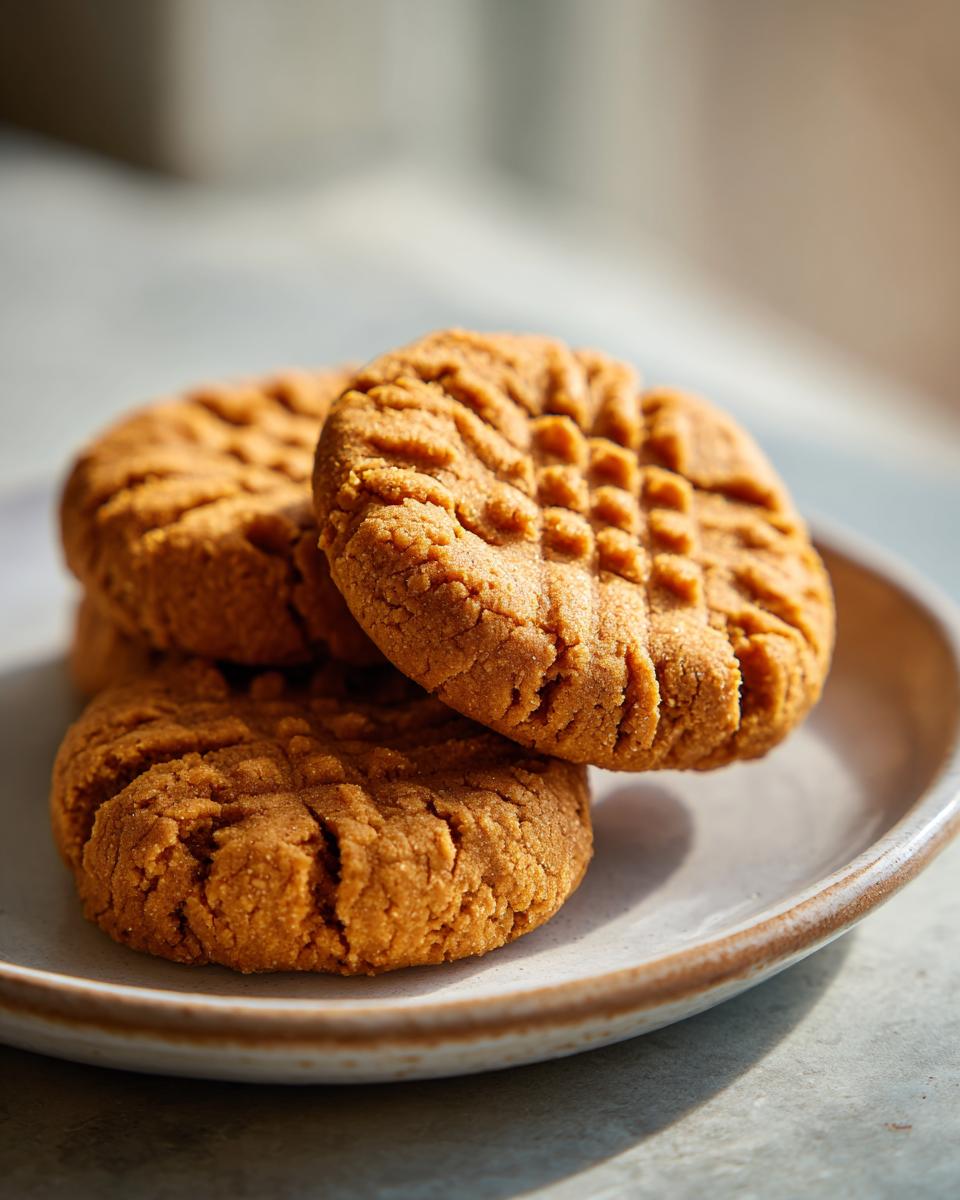 Close-up of three golden brown peanut butter cookies stacked on a small ceramic plate, showing the classic fork crosshatch pattern.