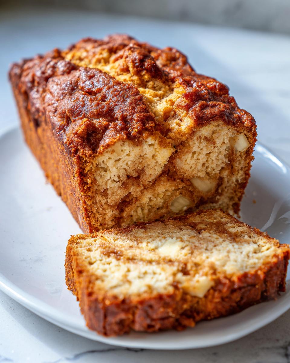 A freshly baked loaf of apple bread, partially sliced, showing chunks of apple and a cinnamon swirl inside.