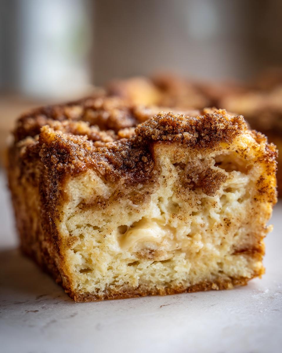 A close-up of a slice of amazing baked french toast featuring a creamy center and a thick cinnamon streusel topping.