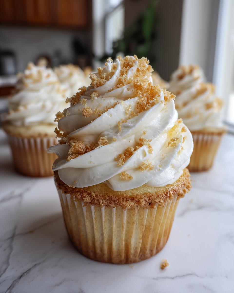 A close-up of one amazing banana pudding cupcakes topped with swirled white frosting and vanilla wafer crumble.
