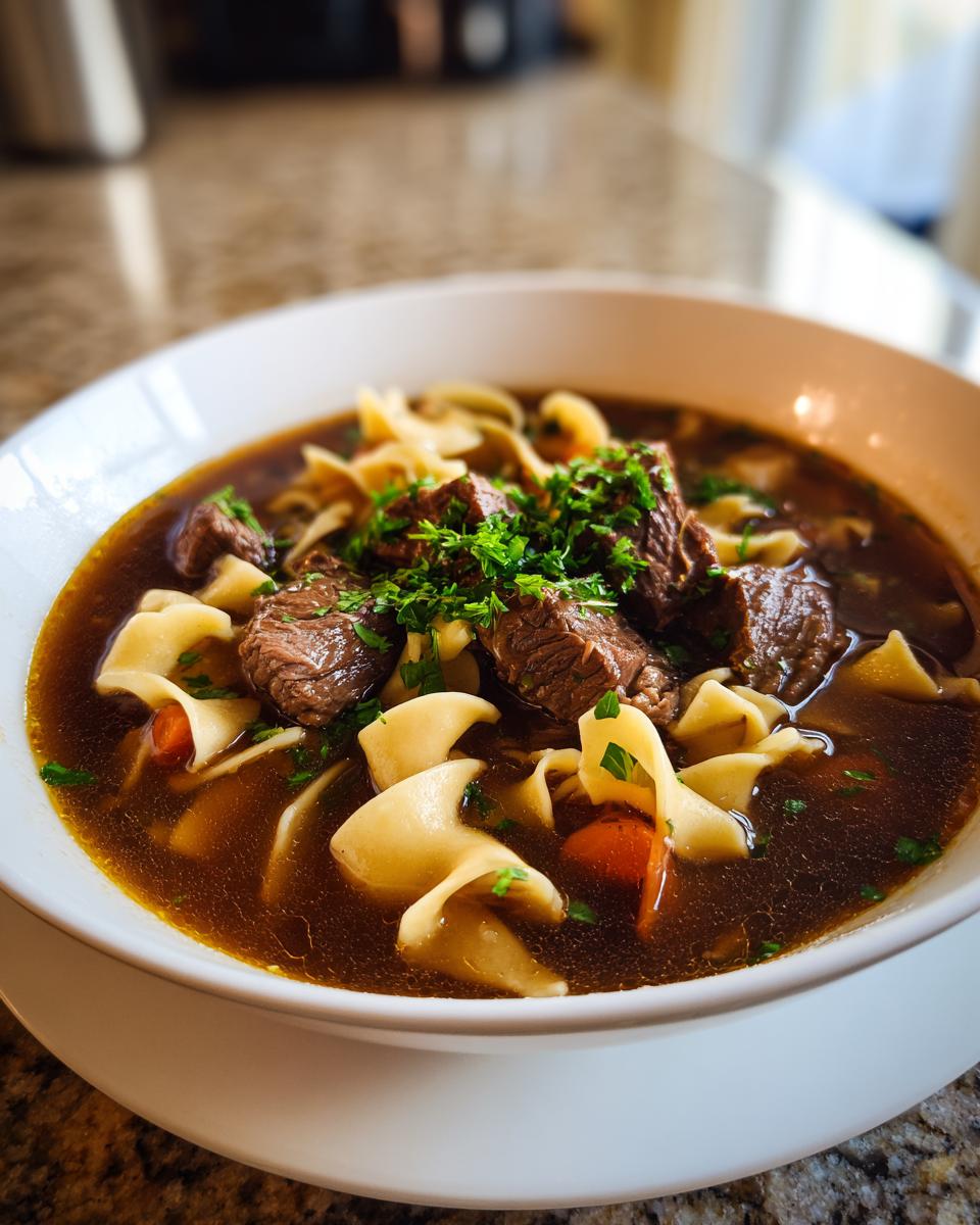 A close-up of a white bowl filled with rich, dark broth, tender chunks of beef, egg noodles, and fresh parsley, showcasing the amazing beef noodle soup.