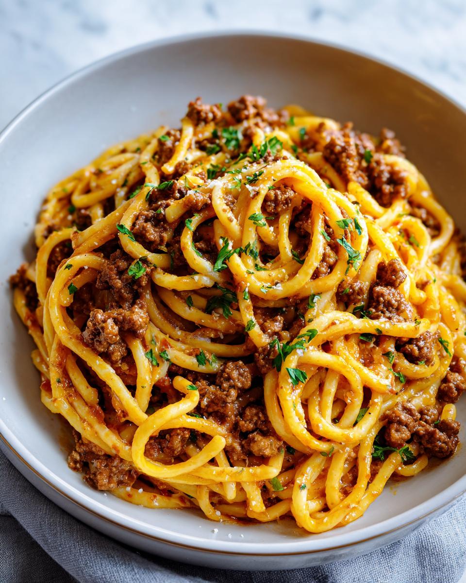 A close-up of a hearty bowl of amazing beef pasta, featuring thick noodles coated in rich meat sauce and topped with parsley.