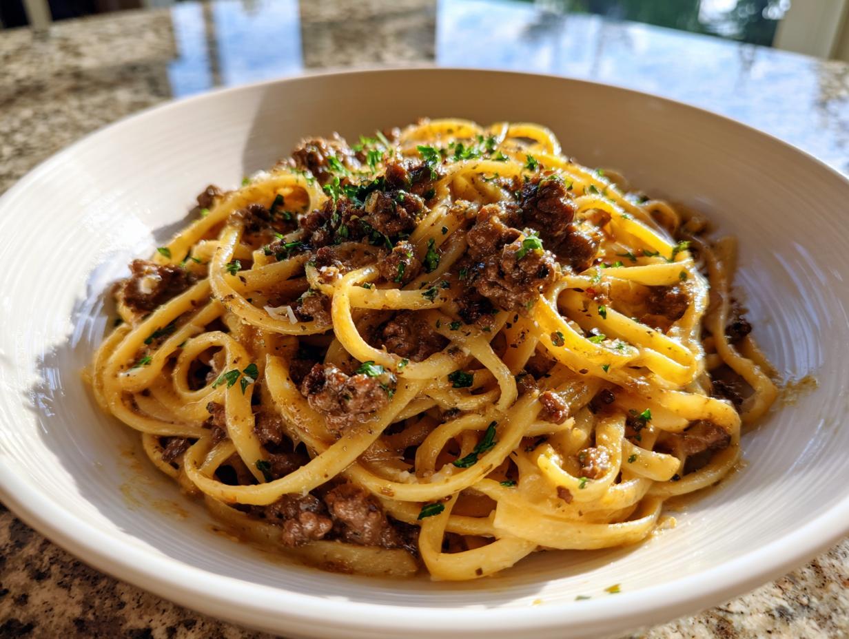 Close-up of a bowl of amazing beef pasta tossed with a savory sauce and topped with fresh parsley.