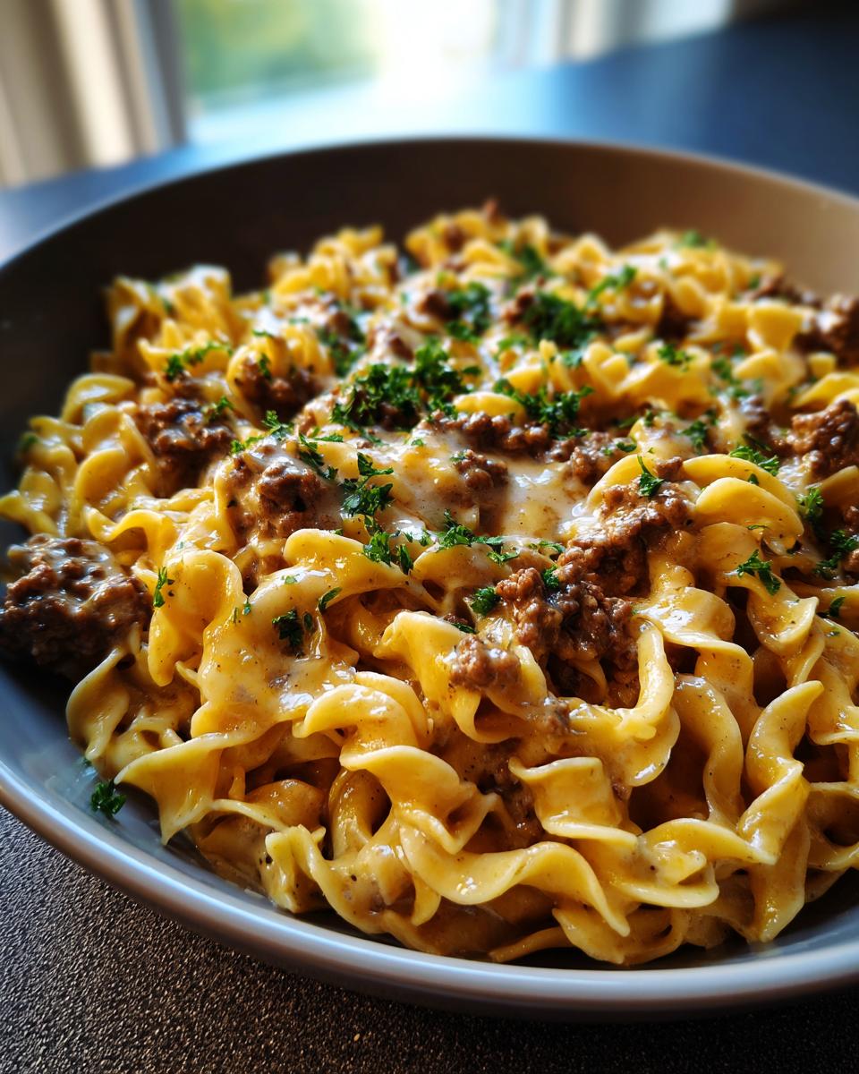 Close-up of creamy beef pasta made with egg noodles, ground beef, and cheese sauce, topped with parsley.