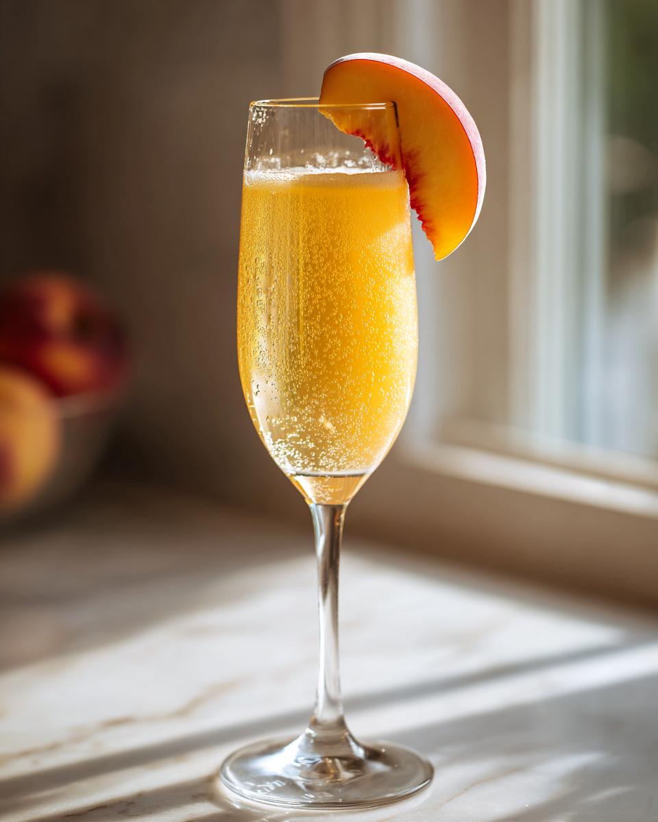 A sparkling, golden bellini recipe cocktail in a champagne flute, garnished with a fresh peach slice.