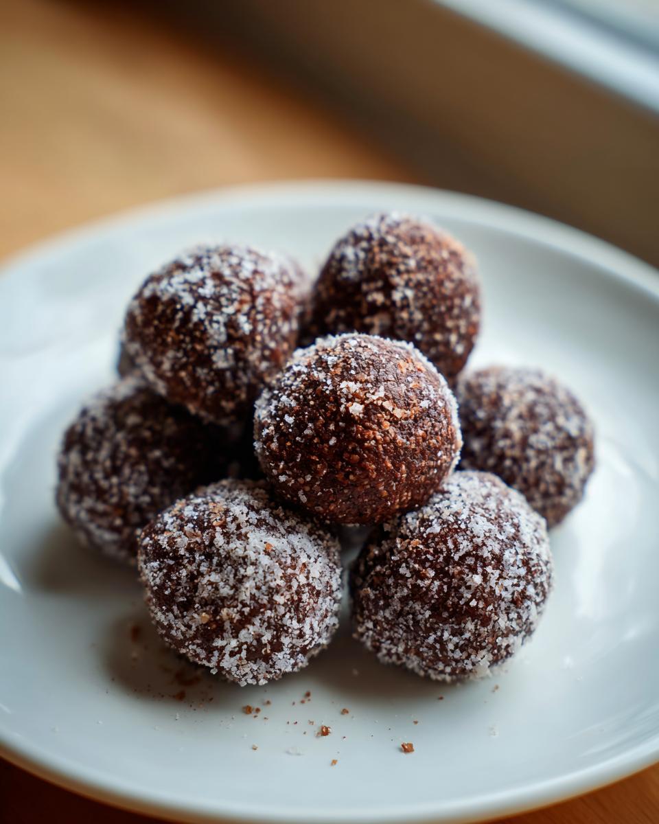 A small pile of rich, dark chocolate bourbon balls coated in white sugar crystals on a white plate.
