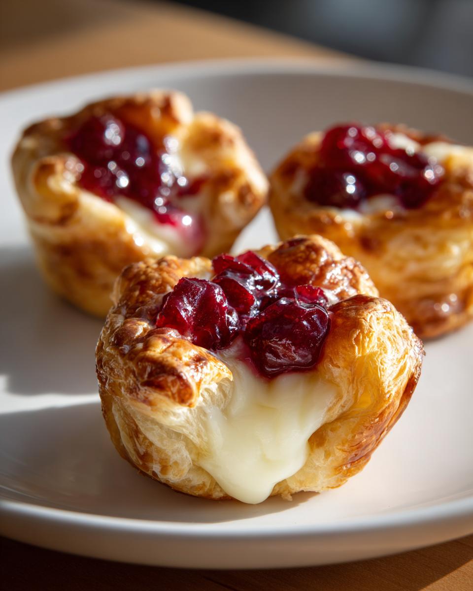 Close-up of warm brie bites with melted brie oozing out, topped with cranberry sauce.
