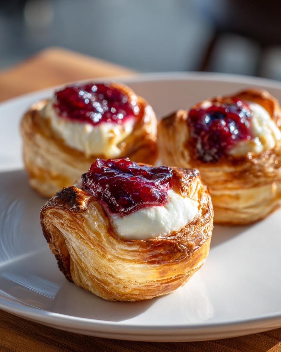 Three golden baked brie bites topped with creamy cheese and bright red berry jam, served on a white plate.
