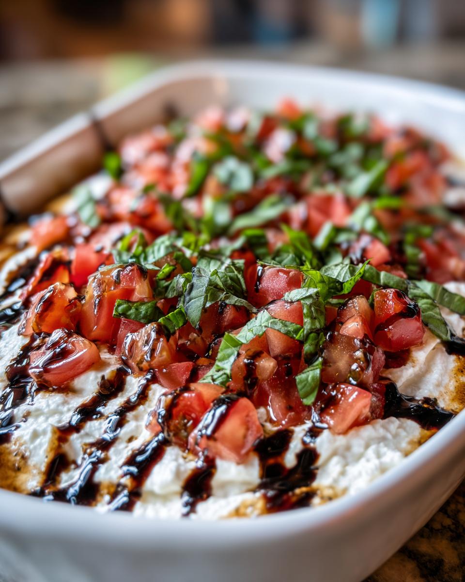 A close-up view of a white serving dish filled with creamy bruschetta dip, topped with diced tomatoes, fresh basil, and a balsamic glaze drizzle.