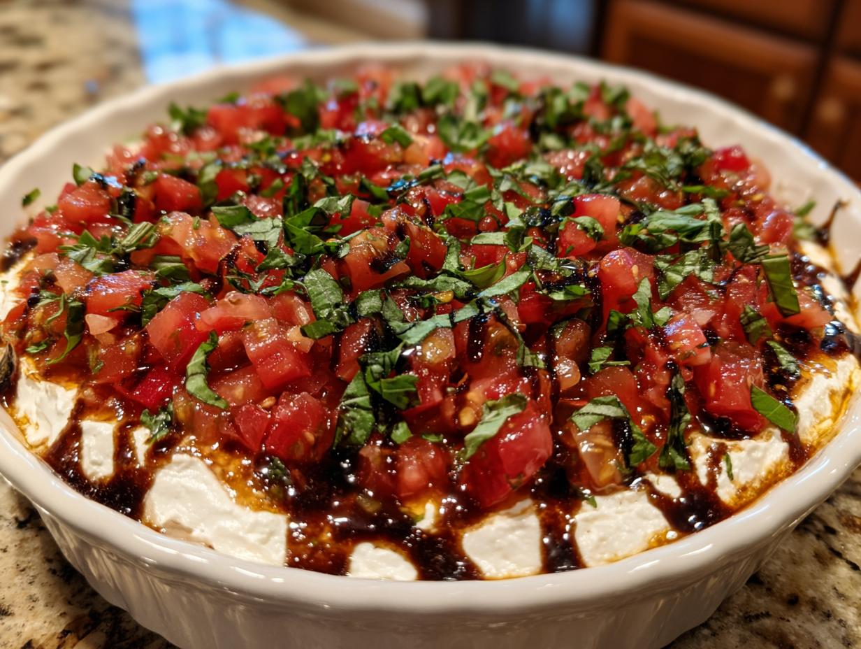 Close-up of an amazing bruschetta dip featuring a creamy white base topped with diced tomatoes, fresh basil, and a balsamic glaze.