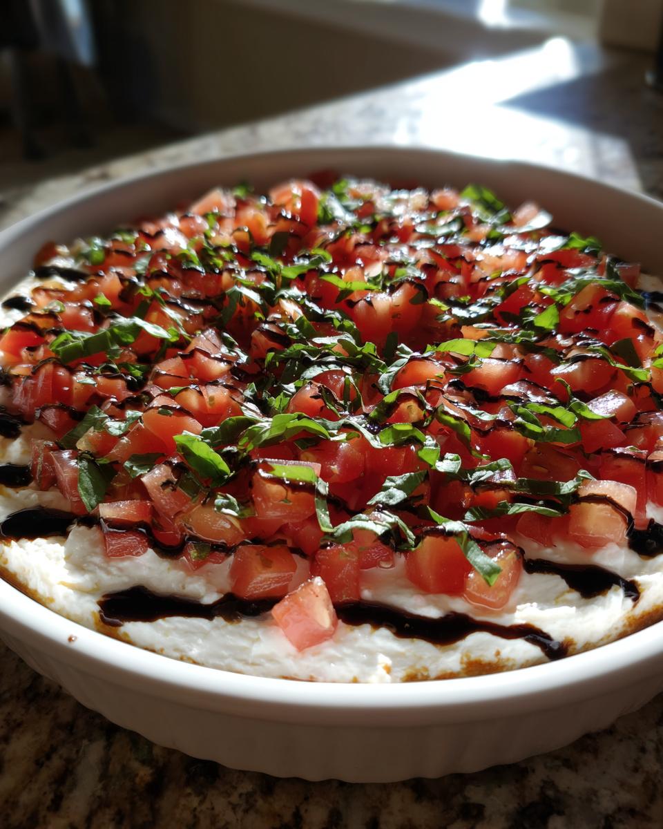 Close-up of a creamy bruschetta dip topped with diced tomatoes, fresh basil, and a balsamic glaze drizzle.