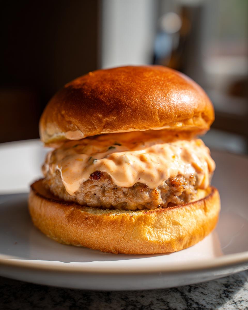 Close-up of a juicy burger patty generously covered in creamy, orange burger sauce on a toasted brioche bun.