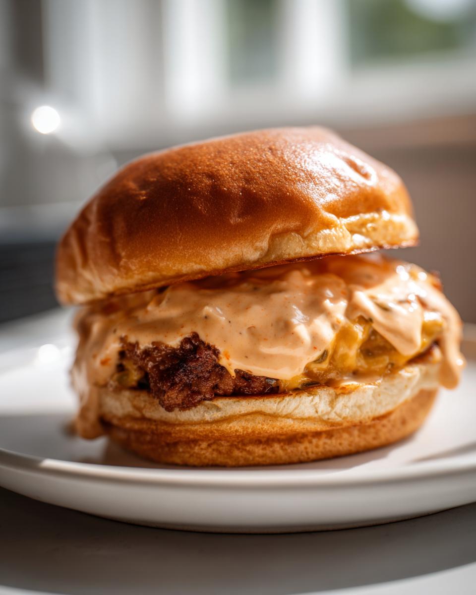 Close-up of a delicious burger generously covered in creamy, orange burger sauce on a brioche bun.
