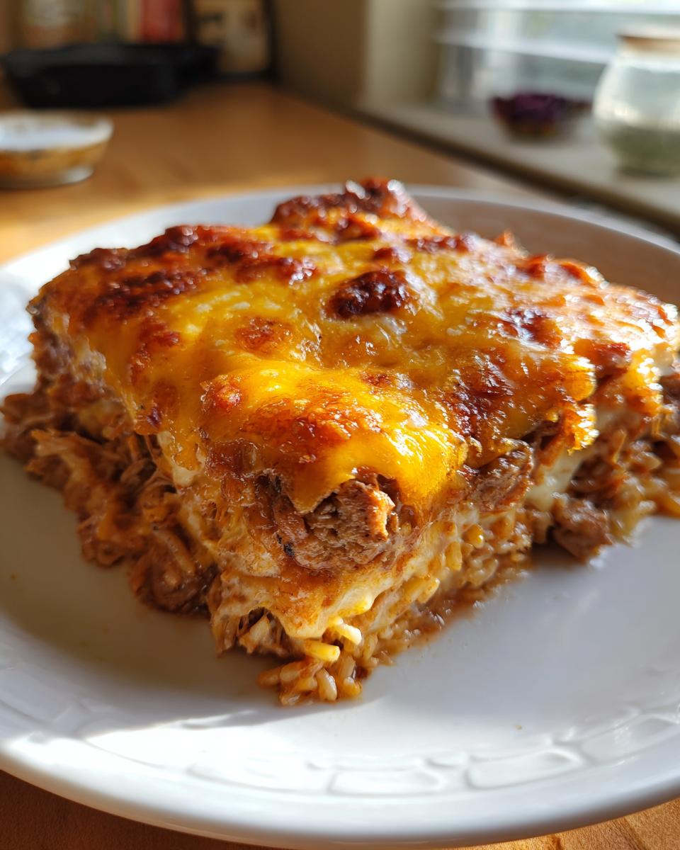A close-up of a square slice of cheesy, baked burrito bake served on a white plate.