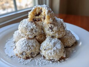 A stack of freshly baked cannoli cookies heavily dusted with powdered sugar, one cookie broken open showing chocolate chips.