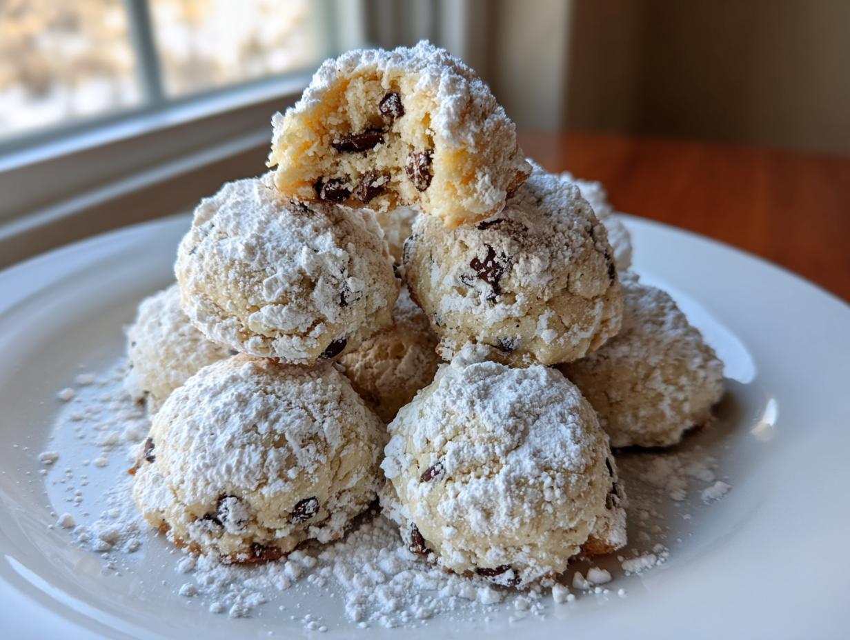 A stack of freshly baked cannoli cookies heavily dusted with powdered sugar, one cookie broken open showing chocolate chips.