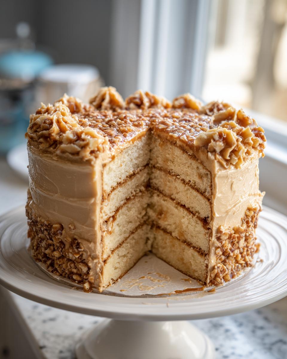 A tall, multi-layered caramel crunch cake with a slice removed, showing layers of cake and caramel filling.