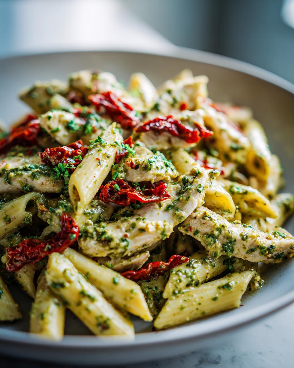 Close-up of penne pasta mixed with creamy pesto sauce, sliced chicken, and sun-dried tomatoes in a bowl of chicken pesto pasta.