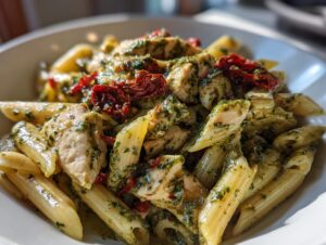 A close-up shot of penne pasta tossed in vibrant green pesto sauce with chunks of chicken and bright red sun-dried tomatoes, showcasing the chicken pesto pasta.