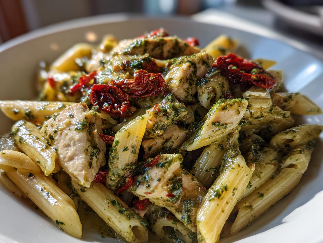 A close-up shot of penne pasta tossed in vibrant green pesto sauce with chunks of chicken and bright red sun-dried tomatoes, showcasing the chicken pesto pasta.