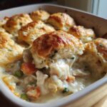 A scoop being taken out of a baked chicken pot pie casserole, showing creamy filling, chicken, carrots, and peas under golden biscuits.