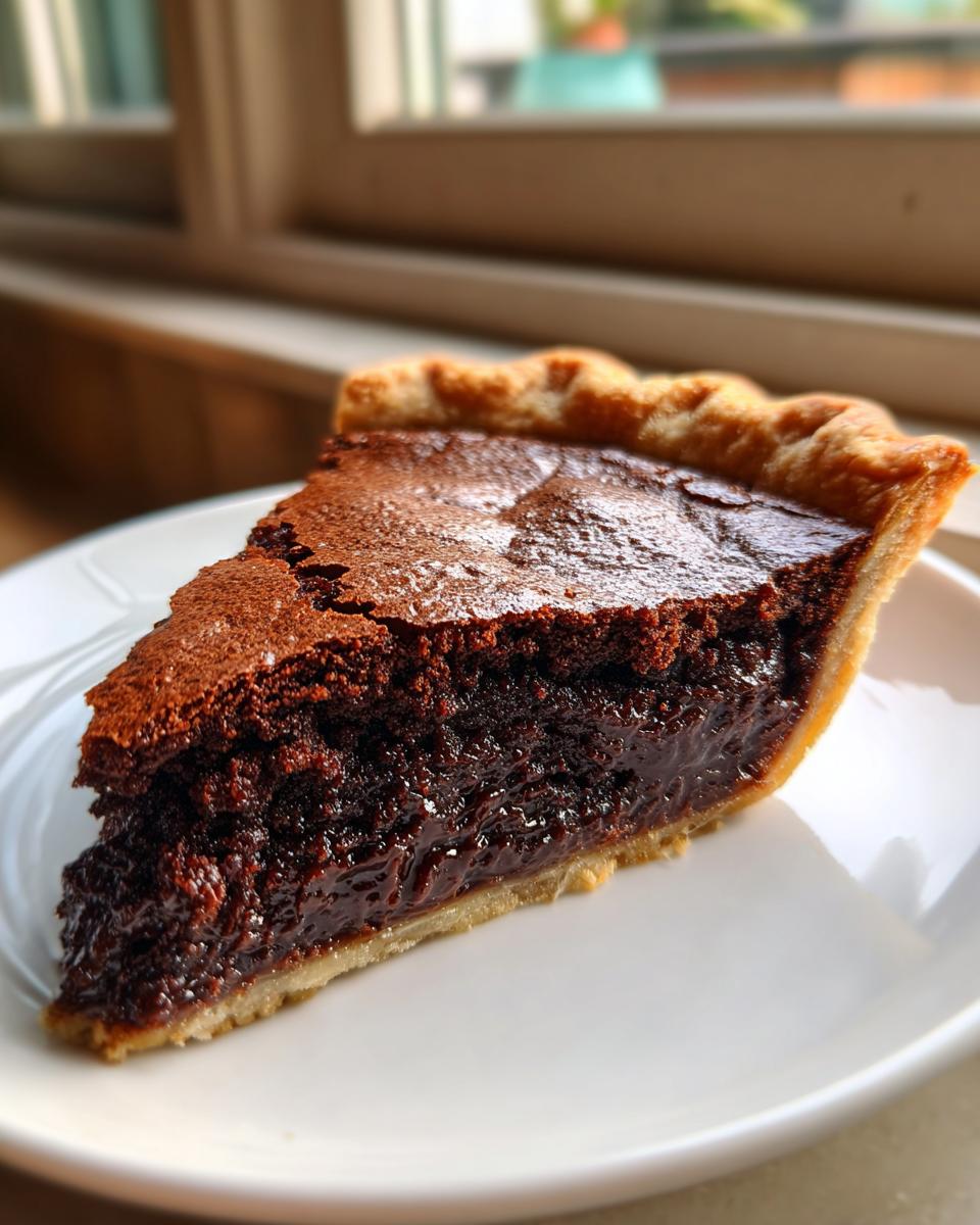 A close-up of a slice of rich, gooey chocolate chess pie with a flaky crust on a white plate.