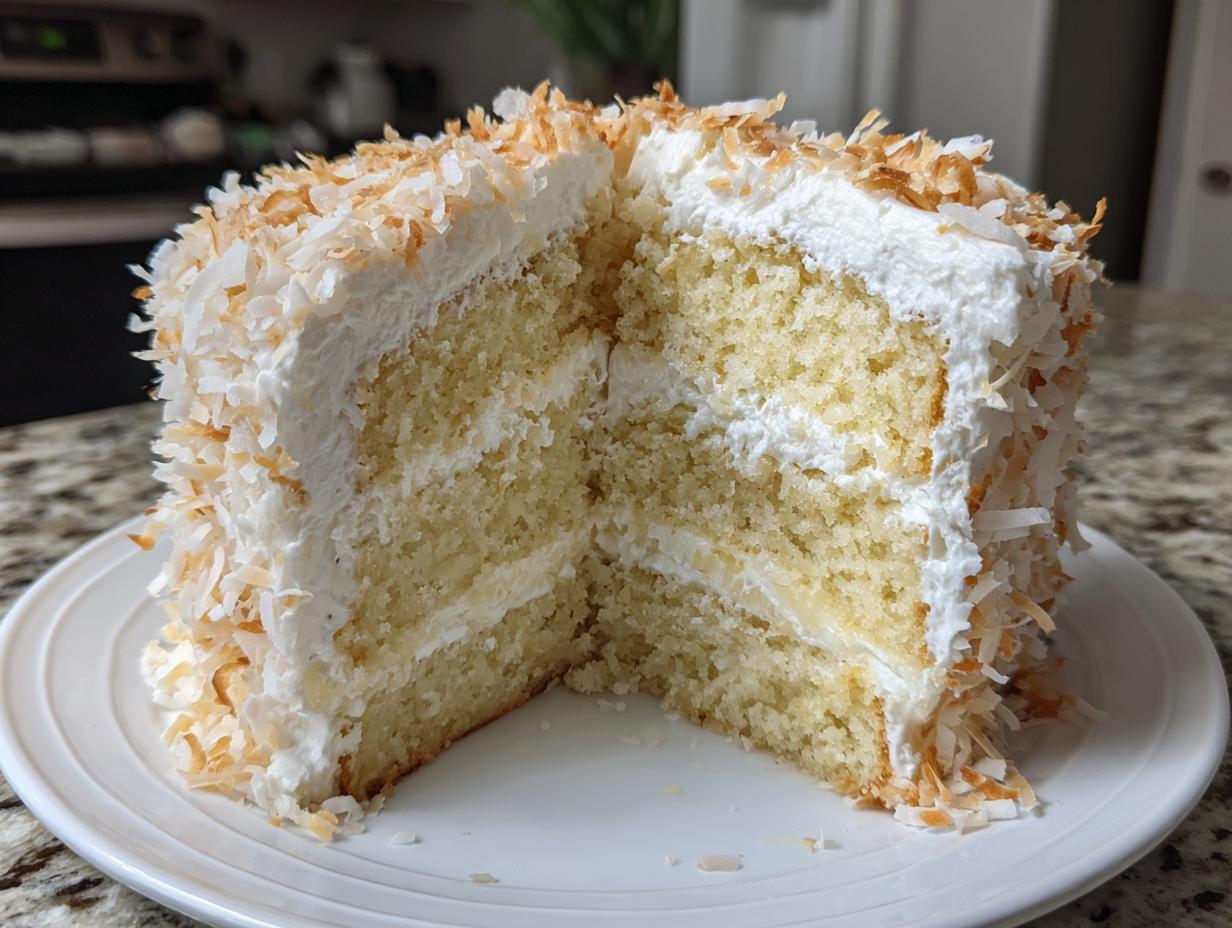 A cross-section view of a multi-layered coconut cake, showing moist layers and white frosting covered in toasted coconut flakes.