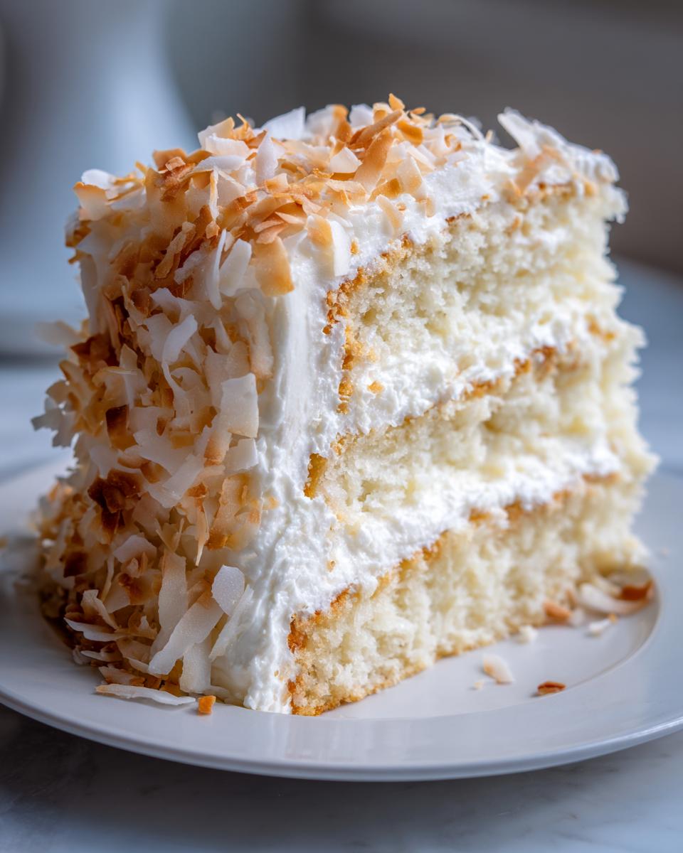 A tall slice of layered coconut cake with white frosting and generously topped with toasted coconut flakes.