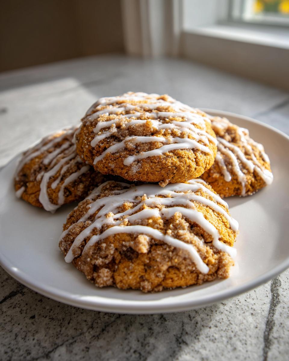 A stack of four moist coffee cake cookies topped with cinnamon sugar and a white vanilla glaze drizzle.