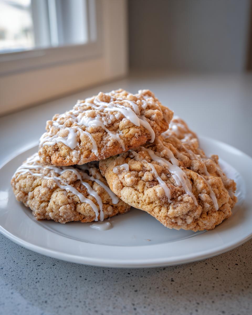 A stack of four delicious coffee cake cookies topped with a cinnamon crumble and drizzled with white icing.