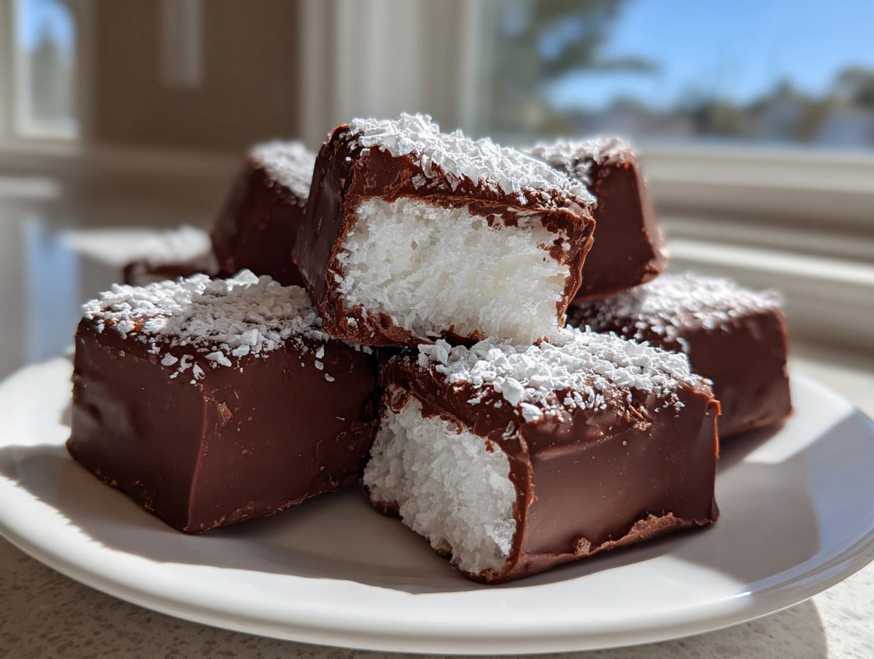 Stack of chocolate covered cool whip candy squares filled with white coconut mixture and topped with shredded coconut.