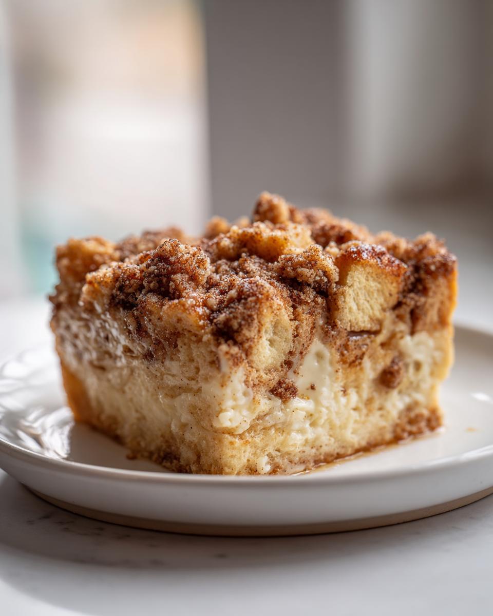 A close-up of a square slice of amazing french toast casserole with a creamy center and cinnamon streusel topping.